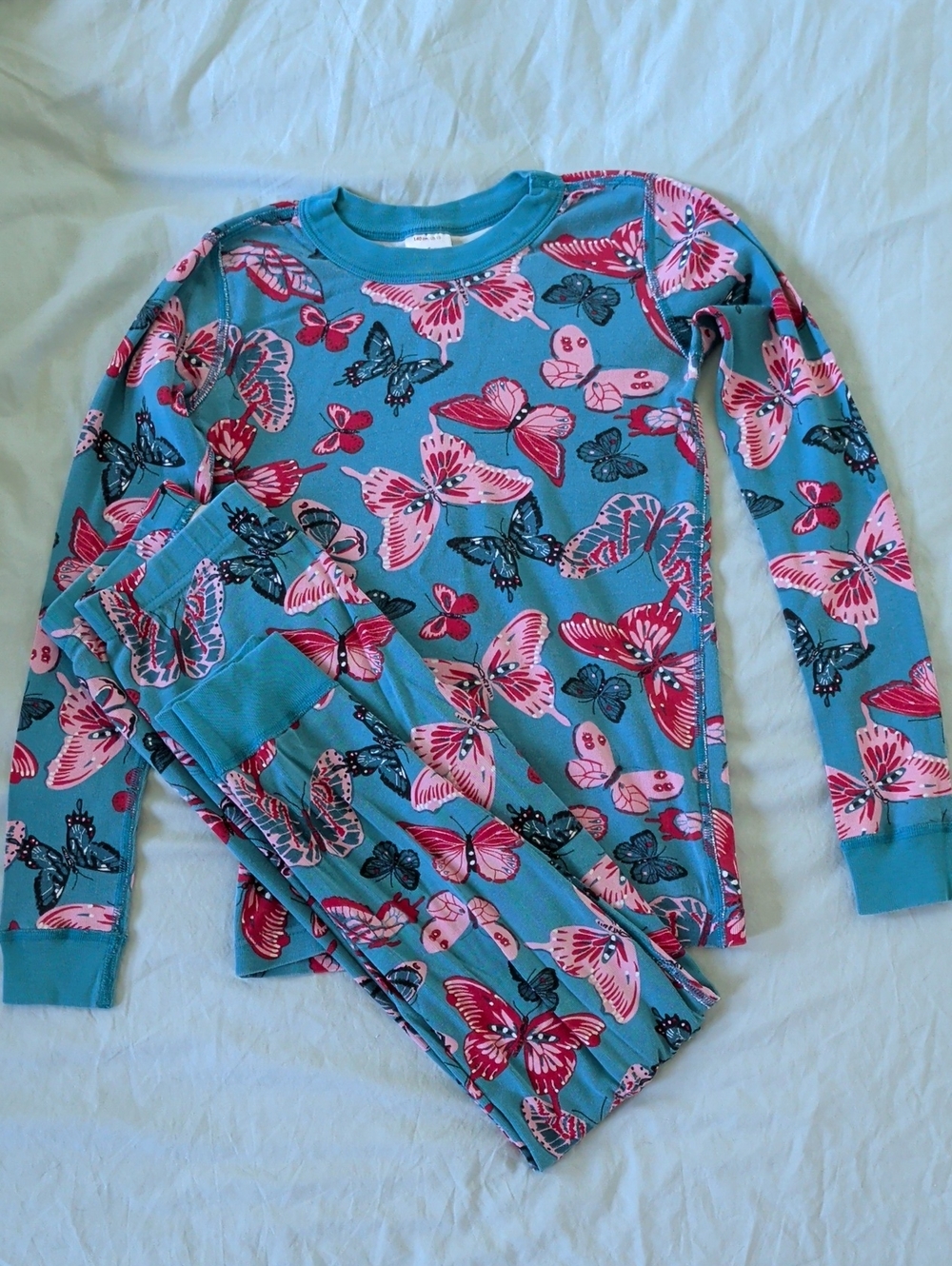 Hanna Andersson Girl Long Sleeve Pajama Teal Blue Butterfly Cotton Sz 140cm, 10